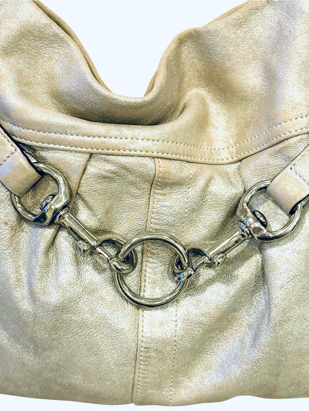 Coach Vintage Metallic Champagne Leather X-body Bag w/chunky Chain Accents